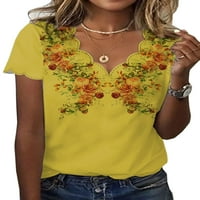 Дамски летни блузи флорален принт тениска къс ръкав тениска Бохемски Пуловер работа чай жълт с