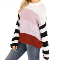 Женски цветен блок пуловер плетен огромен пуловер екипаж на шията с дълъг ръкав на есен зима свободни годни джъмпери пуловера розово m
