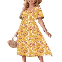 Noilla Ladies Summer Beach Sundress с къс ръкав Макси рокли Флорална принт дълга рокля жени kaftan v шия жълто l