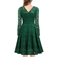 Летни рокли за жени Модни солидни цветове V-образно деколте с дълъг ръкав тънка дантелена рокля с дължина на коляното