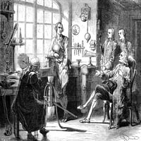 Джеймс Уат. Nscottish инженер и изобретател. Уат в неговия работилница в Глазгоу. Гравиране на дърво, френски, 19 век. Печат на плакат от
