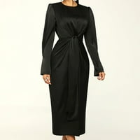 Женски рокли женски твърд цвят кръгла шия дълъг ръкав ежедневна модна рокля за жени черни m