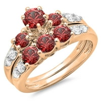 2. Карат 18K Роза Злато кръг Червено Ruby & White Diamond Ladies Stone Bridal Angarying Ring Съвпадение на лентата 2