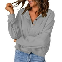 MeetOtime Fall Sweatshirt за жени Бутон с дълъг ръкав V Врат Небрежни пуловер Топс С намаления цвят на големи разхлабени върхове