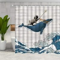 Куче езда кит в океанска вълна на винтидж дървени завеси за баня, ориенталска тъкан реколта Kanagawa японски вълнова арт душ завеса за баня с куки 72x