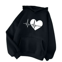 Дамски върхове клирънс под $ Дамски удобни пуловер сърце модел Печатни жените Качулати джоб Шнур Пуловер Черно л