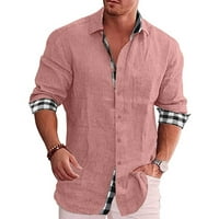 Ризи за копче за мъже свободни годни памучни и ленени карирани пачуърки с дълъг ръкав с яка кардиган върхове удобни леящи тениски с джобни розови xxxxl