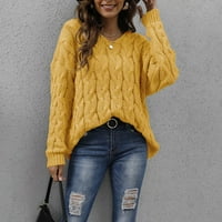Xinqinghao торбежи пуловерни върхове за жени от твърд цвят плисиран дълъг ръкав v Врат пуловер пуловер жълт m