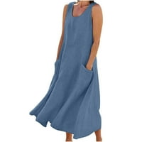 Дамски рокли лято модна ежедневна масивна цветна памучна лента за памук дълга рокля син xxl