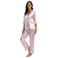 Женска сатенена пижама Комплект сънлив дрехи с къс ръкав V Neck Nightshirt с дълги панталони за спални дрехи PJS комплект меки pjs, S-2xl