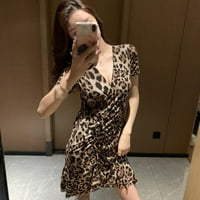 Жени секси леопардови печат с v-образно рокля с неравномерна темперамент рокля
