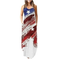 Mchoice Summer Maxi рокля за жени Ден на независимост Ден рокля с джобове Американски флаг отпечатък Sundress 4 -ти юли Патриотична рокля Madi Casual Spring Ress On Clearance
