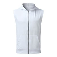 Shiusina Men's Summer Sports Fitness плътен цвят без ръкави с качулка жилетка отгоре бял xxl