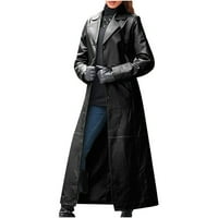 Symoid Womens Tronck Coats & Jackets- Модни секси есен и зима солидна дълга кожена палто имитация на кожена кожена палто от черно xxl