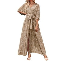 Детесбула женски клирънс рокли на летните случаи на половин ръкав Boho отпечатано с деколте с размери с колан с рокли с колан