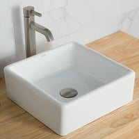 Квадратна бяла порцеланова керамична мивка за съдове за баня и комбинация от кран рамус с изскачащ изтичане, сатен никел покритие