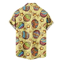 Daqian мъжки тениски Просвещение Мъже непринудени бутони Великденски печат с джобни въртящи се ризи с къс ръкав Блуза Мъжки ризи Просверие жълт 6