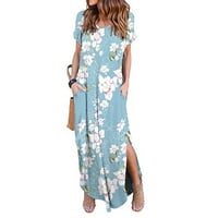 Ecqkame жени бохо флорална макси рокля v-образно деколте от печат с къс ръкав рокля ежедневна рокля небрежна лято Sundress Blue XL на клирънс