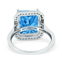 Halo Emerald Cut годежен пръстен симулиран син Topaz CZ Sterling Silver Size 9