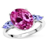 Gem Stone King 6. CT Oval Pink Създаден сапфир син Танзанит Стерлинг сребърен 3-каменна годежен пръстен