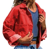 Изрязани жилетки за жени плътни цветове v шия дънкови якета с дълъг ръкав ежедневни палта с джобове червени xxxxl