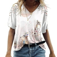 Лятна блуза Женска модна ежедневна дигитална печат с цветя и птици къси ръкави свободни тениски Топ Дами Топ Уайт 2XL