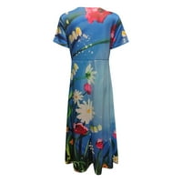 Женска пролет и лятна мода V-образно деколте с късо ръкав отпечатана рокля с разхлабена подгъва XL