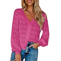 Женски отворен преден плетен жилетка подрязано рамене пуловер дълъг ръкав късо топ горещо розово s