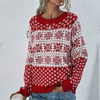 Smihono Коледа снежинка отпечатък плетен кратки пуловери за жени свободни ежедневни дамски модни модни дълги ръкави екипаж тенденция на шията модни дами пуловери върхове блуза женски свободно време червено xl