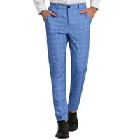 B91XZ Мъжки рокля панталони Мъжки бизнес костюм панталони Сълтен цвят бутон Кариран голям размер освежаващ удобни ежедневни панталони Светло синьо, размер XL