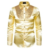 Златни ризи мъже Мъжки твърди бутон тънък годни завой надолу яка Дълъг ръкав Топ блуза риза