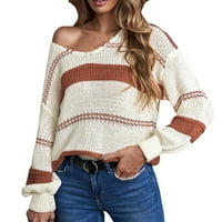 JPLZI жени с дълъг ръкав плетен раиран пуловер ежедневен пуловер