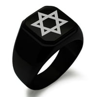 Неръждаема стомана хексаграма звезда на Давид гравиран квадрат плосък връх рокер стил полиран печат пръстен