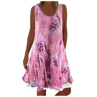 Yubatuo Лятна ежедневна бохо флорални рокли за развълнуване за жени екипаж от врата от рамото без ръкави мини плажна рокля розово xl