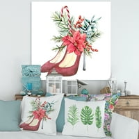 Червени Велур Обувки С Коледни Червени Флорални Декор Живопис Платно Изкуство Печат